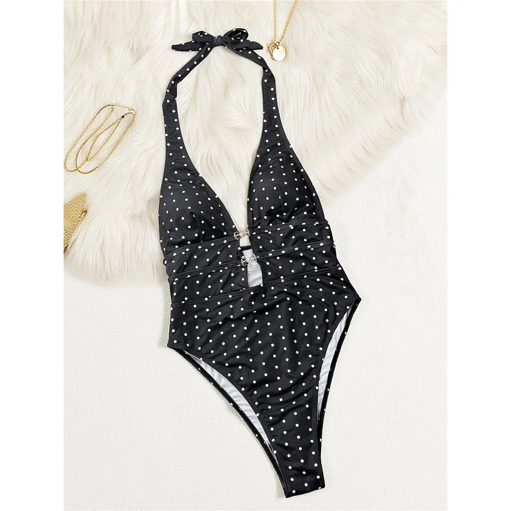 Polka Dots Halter Deep V Neck One Piece Swimsuit Women Swimwear Female Backless Monokini Padded Bather Bathing Suit Swim V7729
