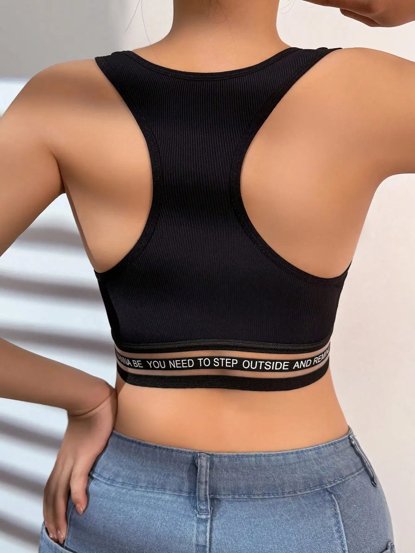 Women Ribbed Y Back Sports Bra Letter Print Band Padded Tank Top Breathable Yoga Crop Top Daily Wear Bralette MR2694