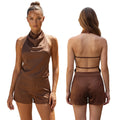 Summer Women's Solid Color Satin Shorts Sets Backless Mock Neck Halter Tops with Shorts 2 Piece Outfits Casual Streetwear