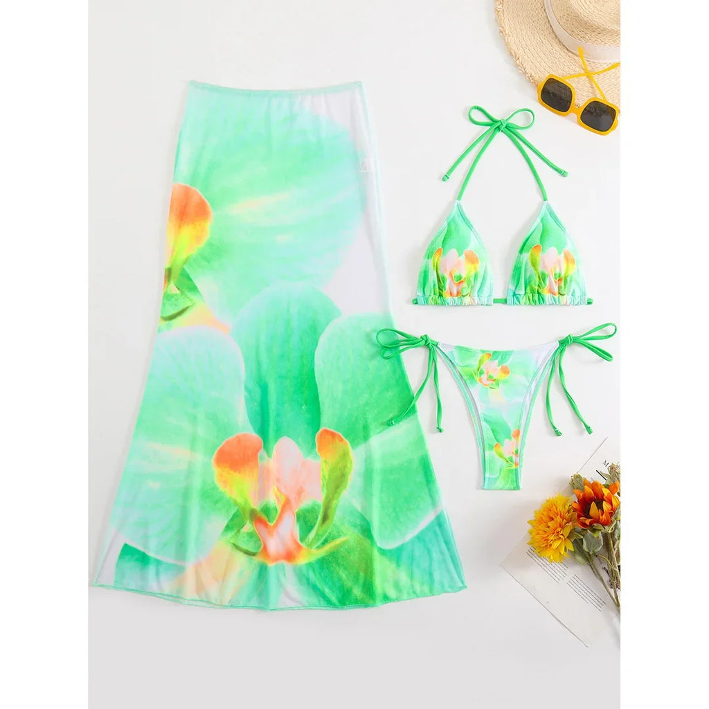 10 Color Flowers Halter Bikini Female Swimsuit Women Swimwear Three-pieces Bikini set With Skirt Bather Bathing Suit Swim V6637C