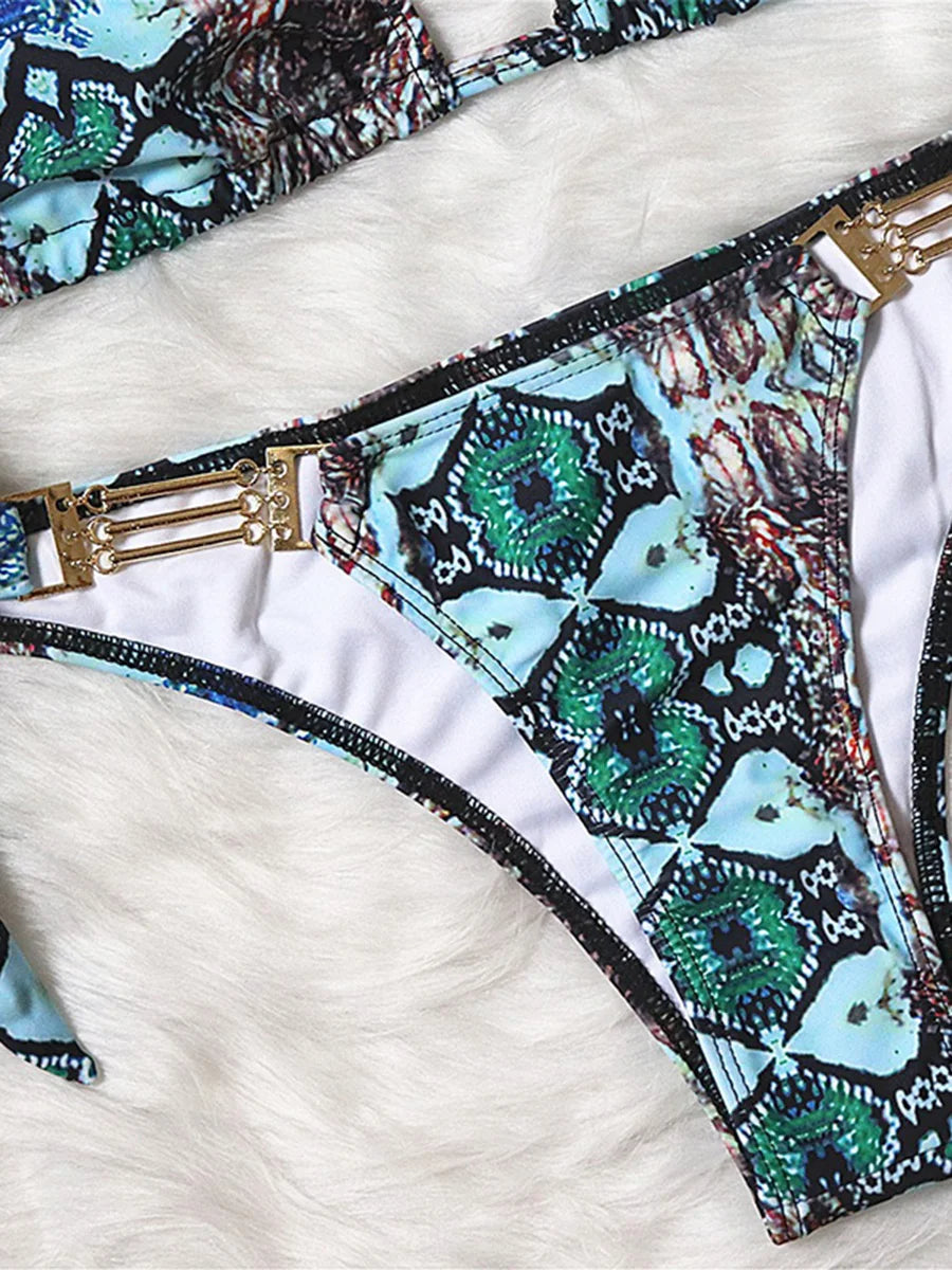 Sexy Halter Snake Skin Bikini 2026 Women Swimsuit Female Metal Chains Swimwear Two Pieces Bikini Set High Cut Bathing Suit Swim