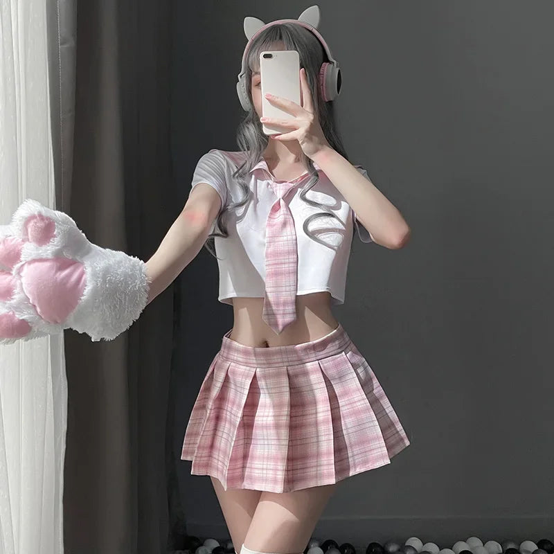 Japanese Sweet Plaid Cheerleading School Girl Cosplay Student Uniform Role Play Sexy Costume Sex Lingerie for Women