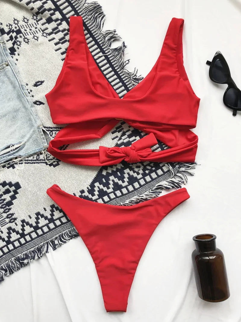 Sexy Adjustable Rings Cross Bandage Bikini Female Swimsuit Women Swimwear Two-pieces Bikini set Bather Bathing Suit Swim Lady