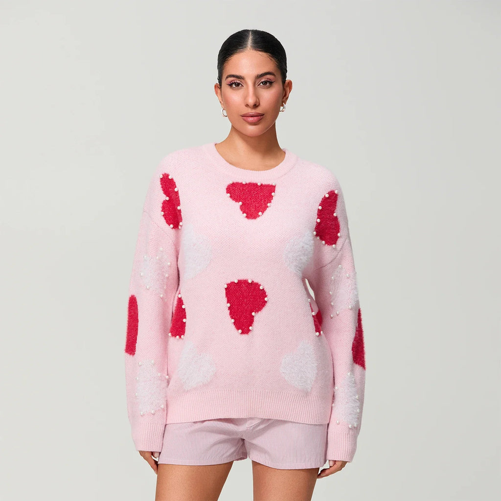 Women Spring Knitted Sweater Long Sleeve Round Neck Pearl Heart Print Knitwear Loose Pullover Tops