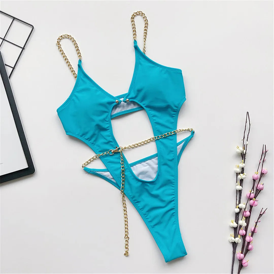 2026 Sexy Golden Chain String High Cut Leg One Piece Swimsuit Women Swimwear Female Bather Tummy Cut Out Bathing Suit Swim V1667