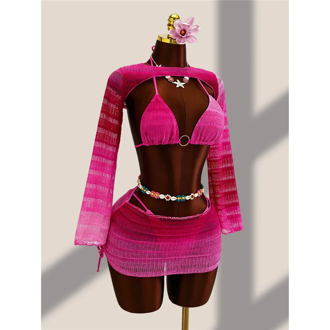 4PCS With Cover Up Skirt Gradient Bikini Women Swimwear Female Swimsuit Four-pieces Bikini set Bather Bathing Suit Swim V8303