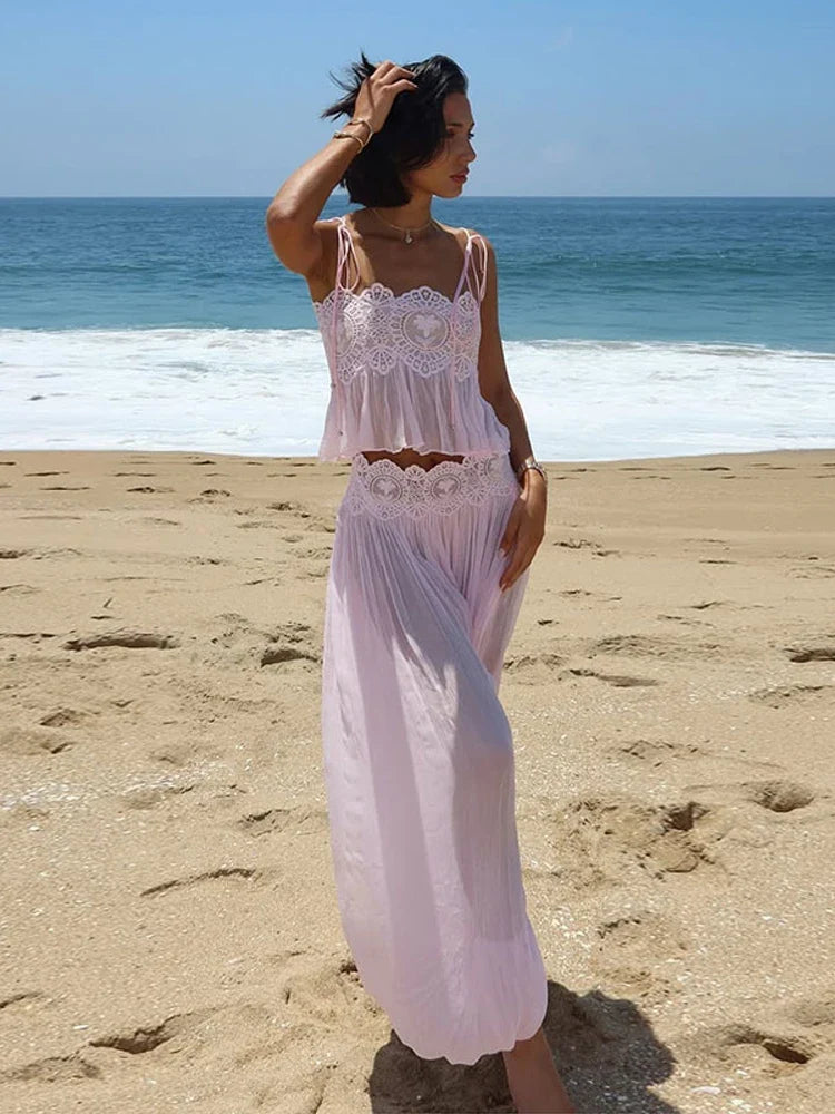 Women Pant Set Sheer Layers Spaghetti Strap Backless Lace Top Straps Solid Loose Straight Elastic Hem Fashion Beach Chic Suits