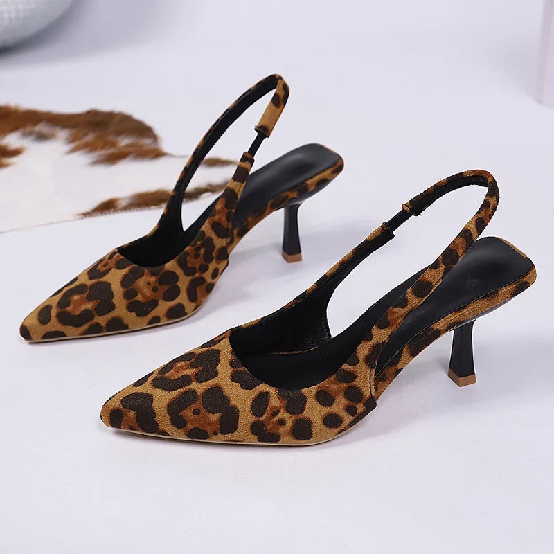 Sexy Leopard Print Thin High Heels Sandals Women Plus Size 43 Fashion Pointed Toe Sandals Woman Stiletto Heel Slingbacks Ladies