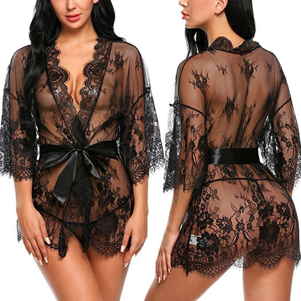 See Through Lace Babydoll Women Sexy Lingerie Erotic Transparent V-Neck Nightwear Robe G-string Robe Sleepwear Dress