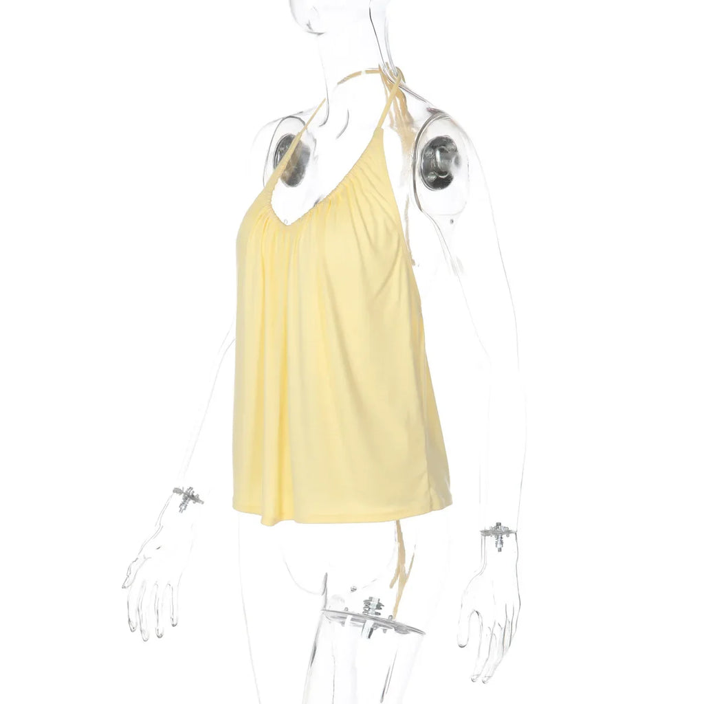 FDYOUI Woman Clothing Halter Neck Backless Camisoles Streetwear 2026 Summer Girls Sexy Lace-up Off Shoulder Yellow Tank Tops