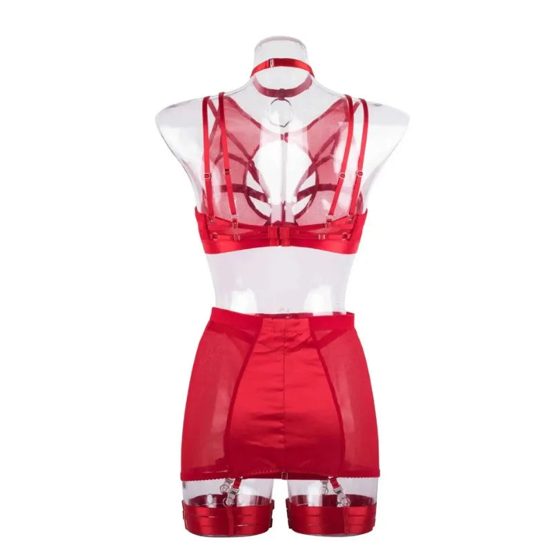 Toucheart 5-Pieces Erotic Lingerie Sexy Hip Skirt For Women Mesh Patchwork Hollow Out See-Through Lure Garters Underwear Suit