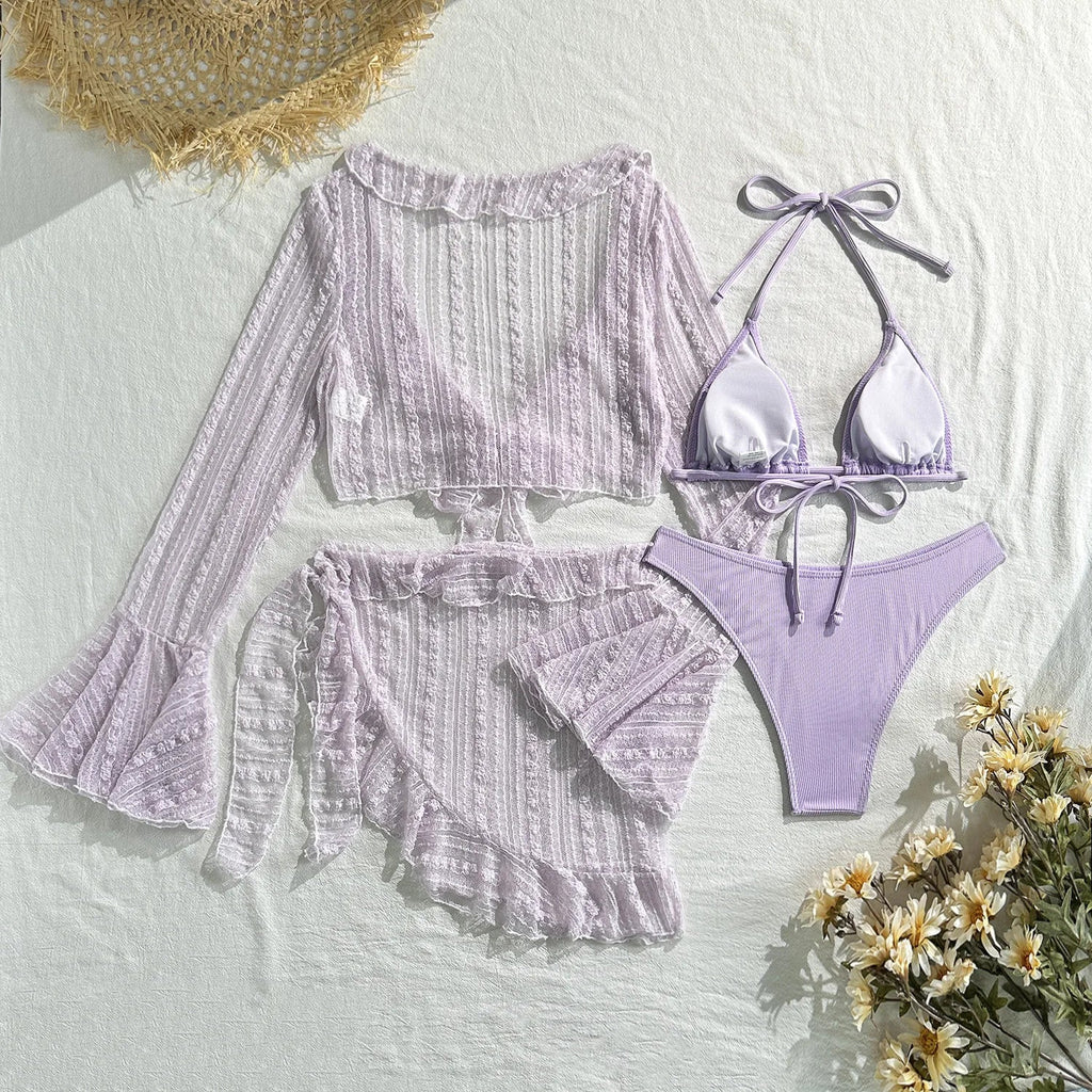 DEKA 4Pcs/Set Mesh Sheath Bikini Set Female Mini Camis Briefs Short Skirt Swimwear Fashion Drawstring Long Sleeve Boho Swimsuit