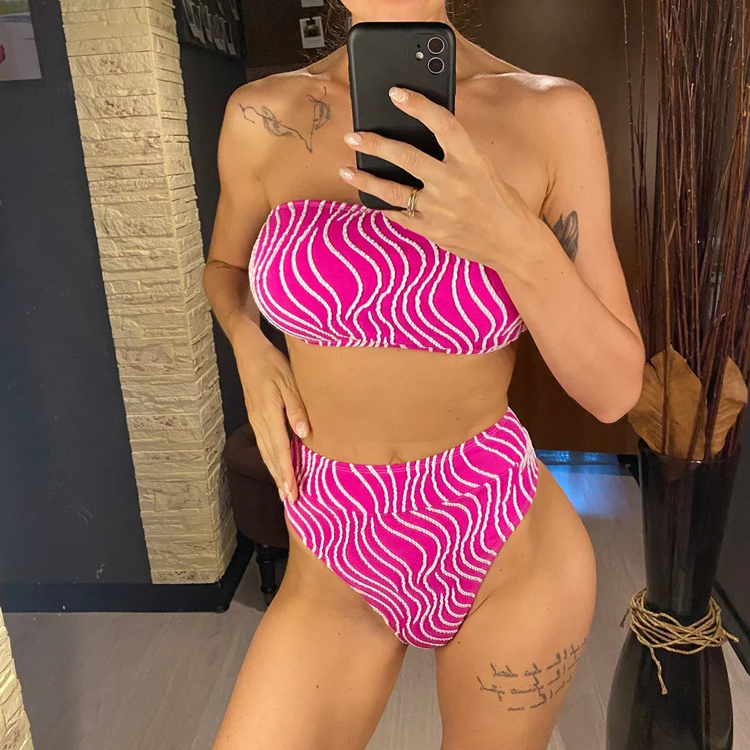 Sexy Wave Striped Bandeau High Waist Bikini Female Swimsuit Women Swimwear Two-Pieces Bikini Set Bather Bathing Suit Swim V5445