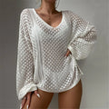 S - XL New V Neck Long Sleeve Crochet Knitted Tunic Beach Cover Up Cover-ups Beach Dress Beach Wear Beachwear Female Women V8284