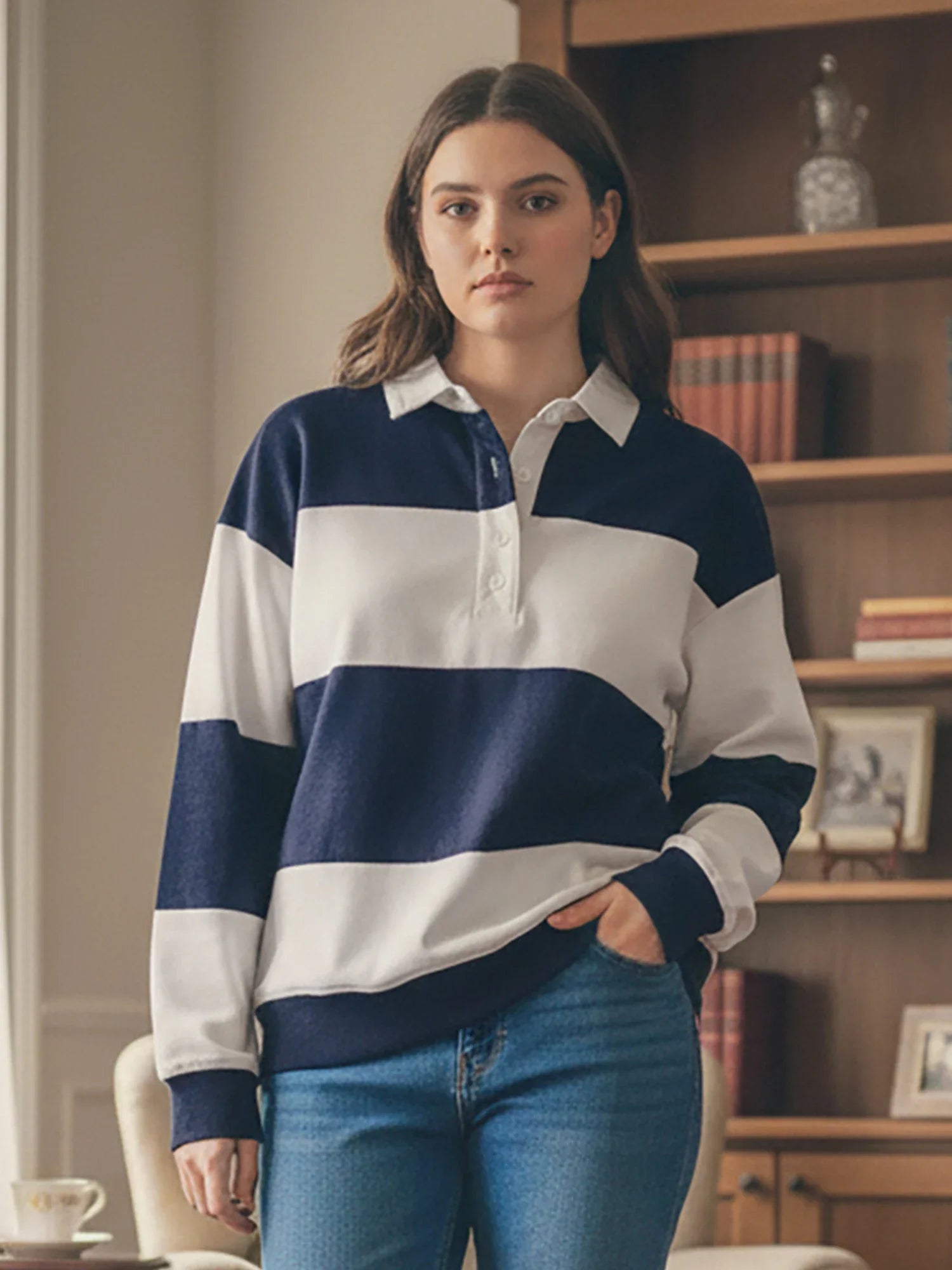Women Long Sleeve Spring Fall Lapel Collar T-shirts Striped Contrast Color Loose Pullovers Streetwear Tops
