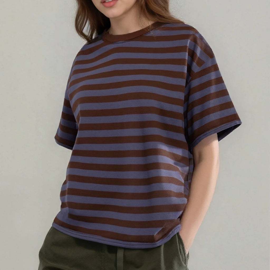 Striped Print Summer T-shirt for Women Loose Casual Contrast Short Sleeve Round Neck Basic Tops