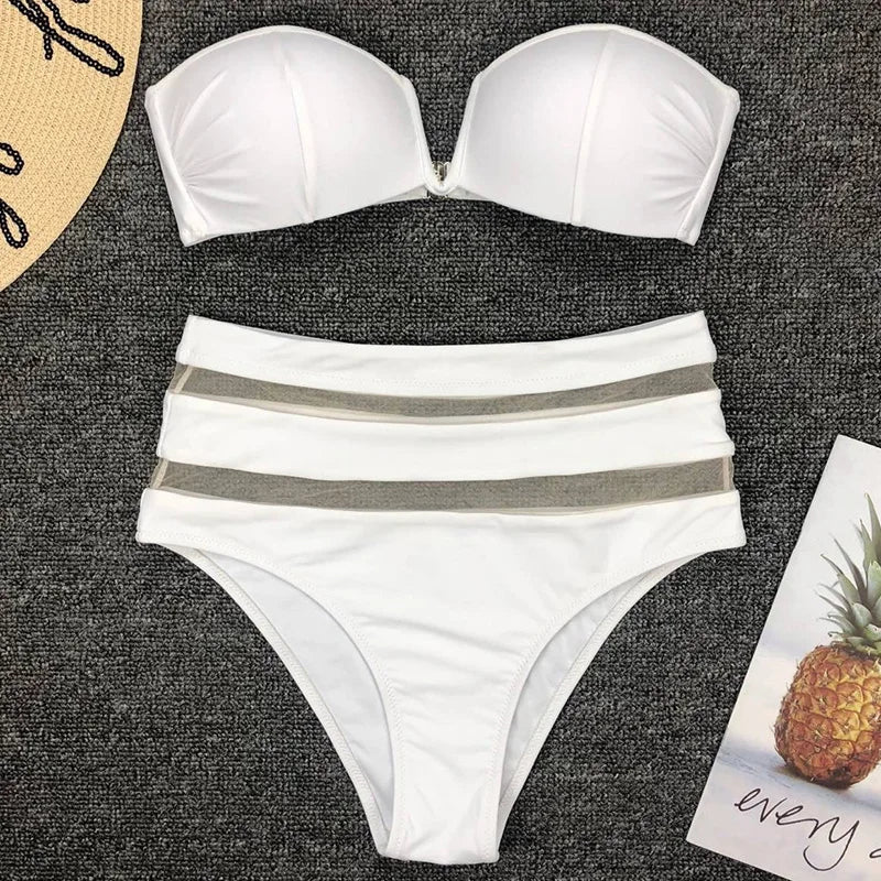 V Shaped Bandeau High Waist Bikini Women Swimsuit Female Swimwear Two-pieces Bikini Set with Bra Cup Bathing Suit Swim Beachwear
