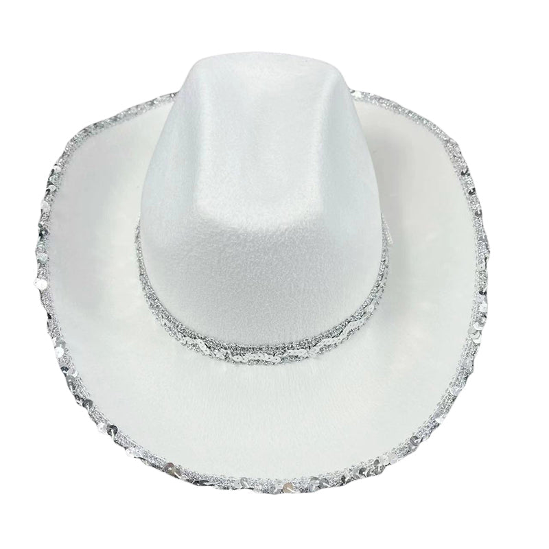 Women Shiny Sequined Wide Brim Cowboy Hat Western Style Sun Cap for Club Party