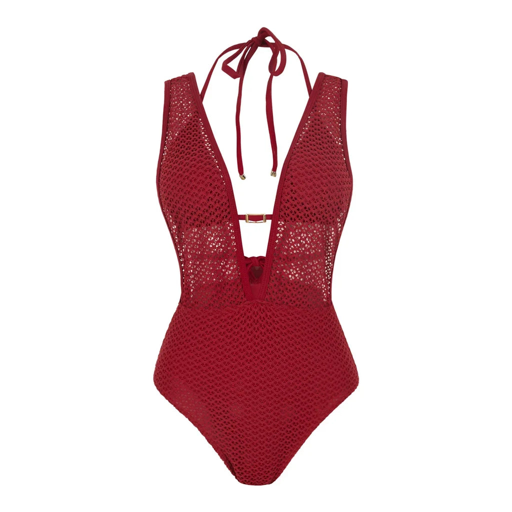 S - XL Deep V Neck Knit Fish Net Mesh Women Swimwear One Piece Swimsuit Female Monokini Backless Bather Bathing Suit Swim V7832