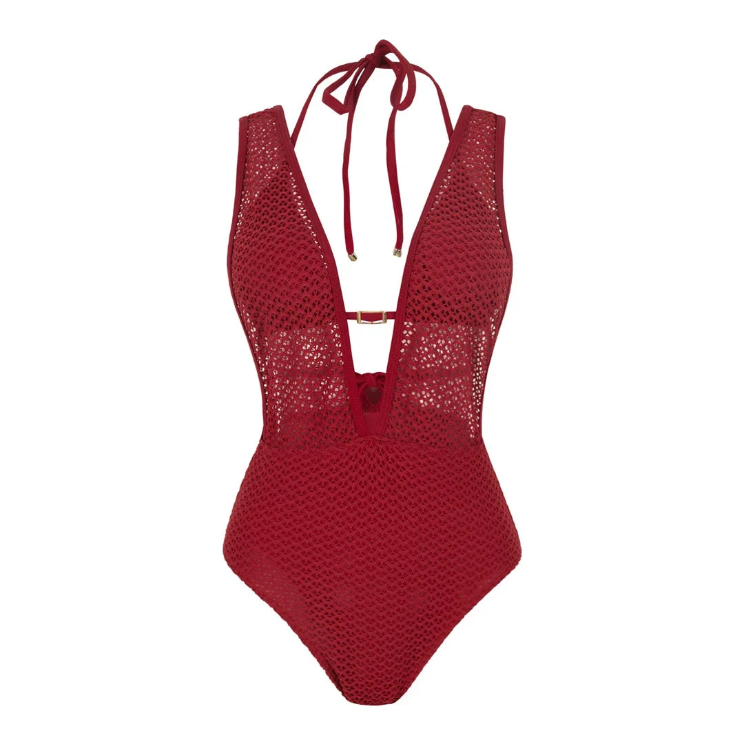 S - XL Deep V Neck Knit Fish Net Mesh Women Swimwear One Piece Swimsuit Female Monokini Backless Bather Bathing Suit Swim V7832