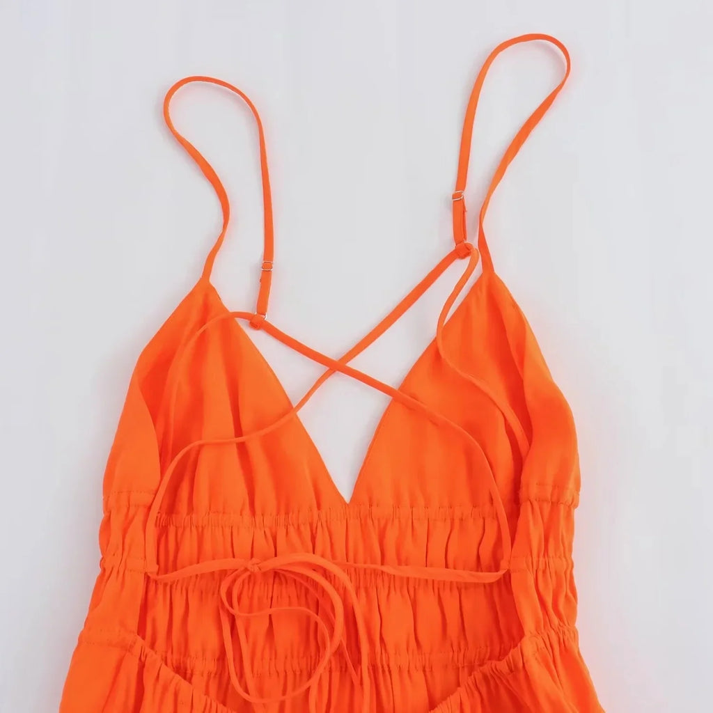 Foridol Orange Backless Tie Up Sexy Summer Women Dress V Neck A-line Beach Slip Dress 2025 Spaghetti Strap Party Midi Vestidos