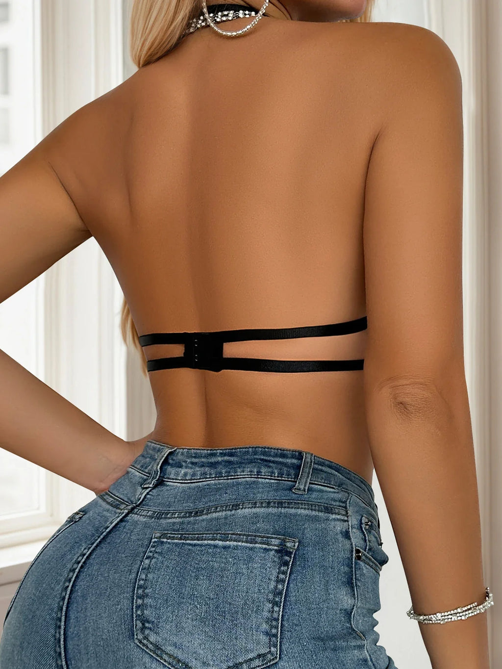 Black women's lingerie hollow out sexy back bra party bra hanging neck bra can be paired with evening dress underwear J2943