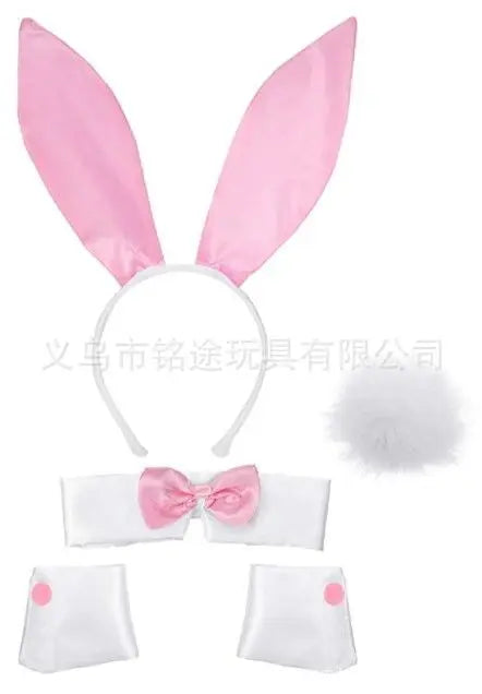 Easter Bunny Girl Cosplay 3-Piece Prop Set - Satin Headband Fluffy Rabbit Tail for Halloween Christmas