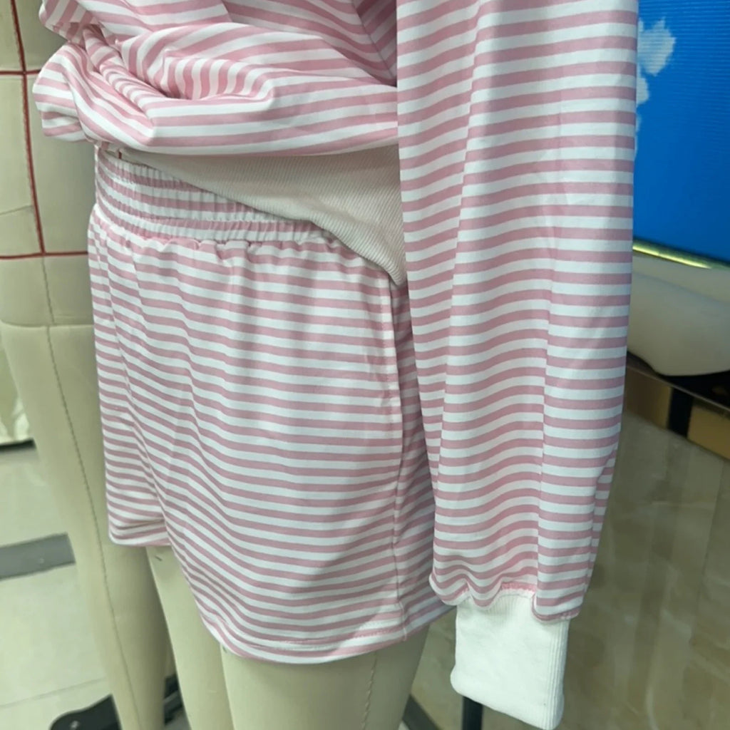 Striped Print Suits for Women Casual Loose Fit Stylish Crew Neck Long Sleeve Tops and Shorts Fall 2 Pcs Set