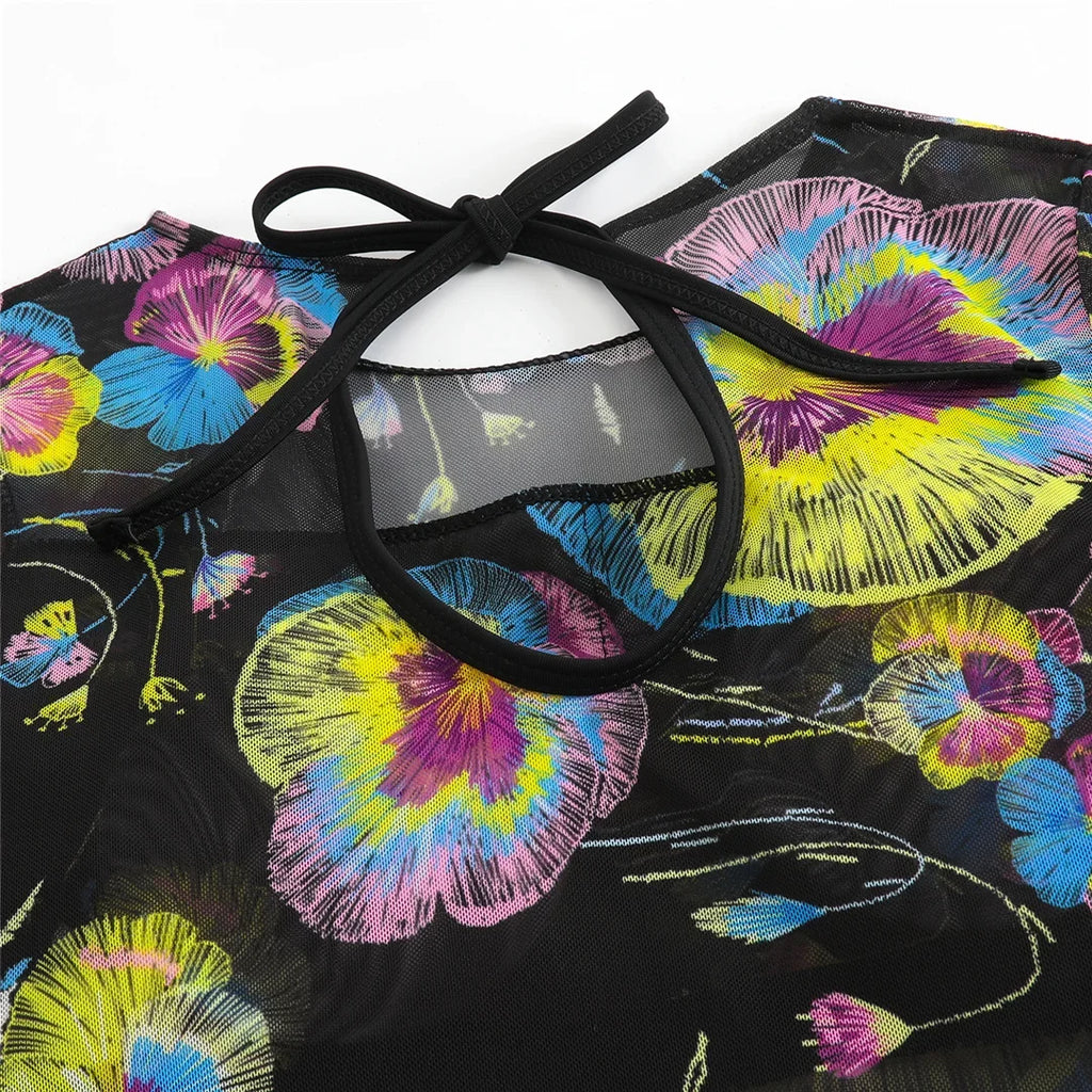 S - XXL Printed Long Sleeve With Sarong One Piece Swimsuit Women Swimwear Female Flowers Padded Bather Bathing Suit Swim K7181