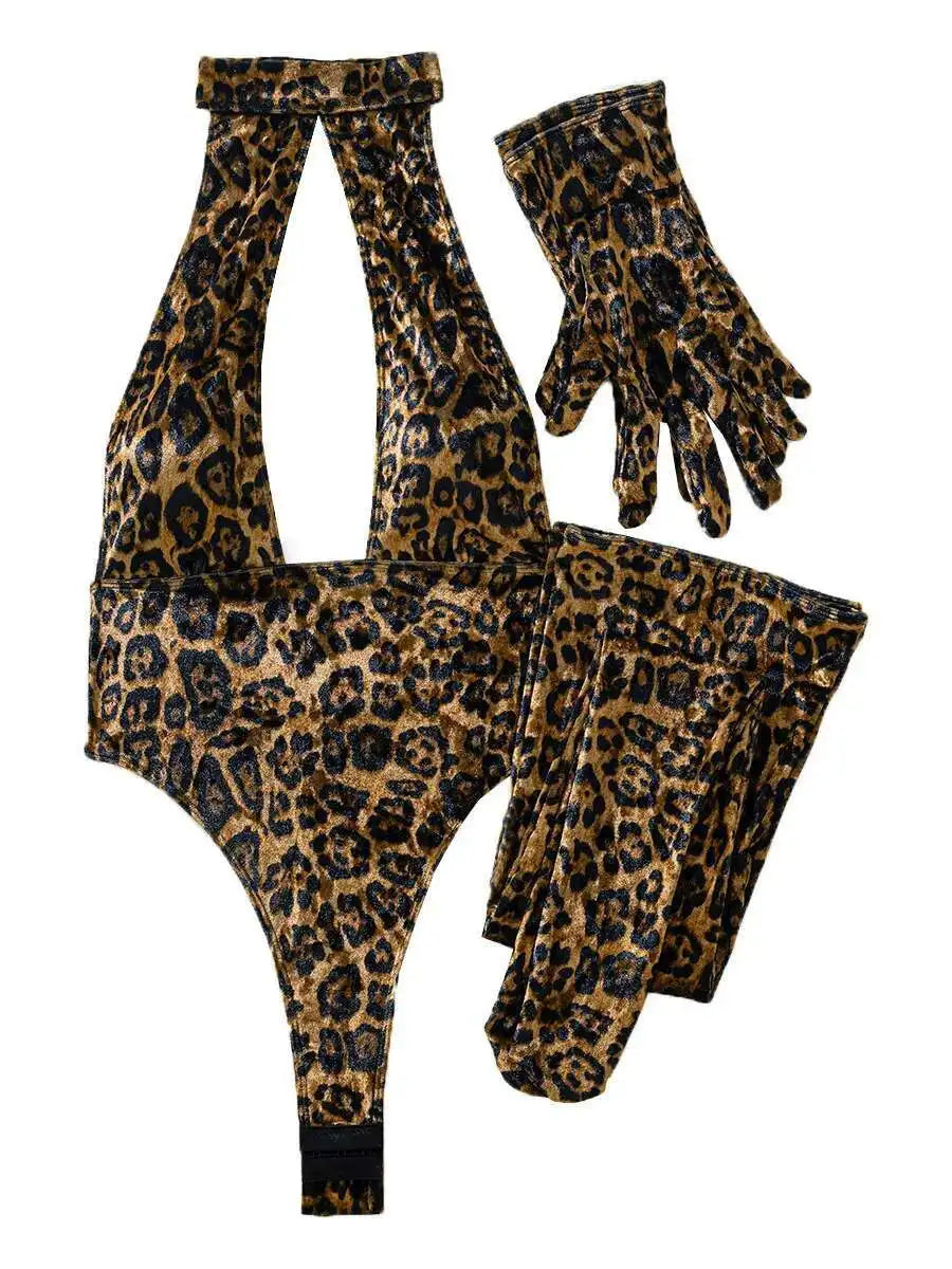 Women Leopard Print Bodysuit With Gloves Leggings Hollow Out Backless Deep V Suspenders Sleeveless Bodysuits Charming Thin 3X4C