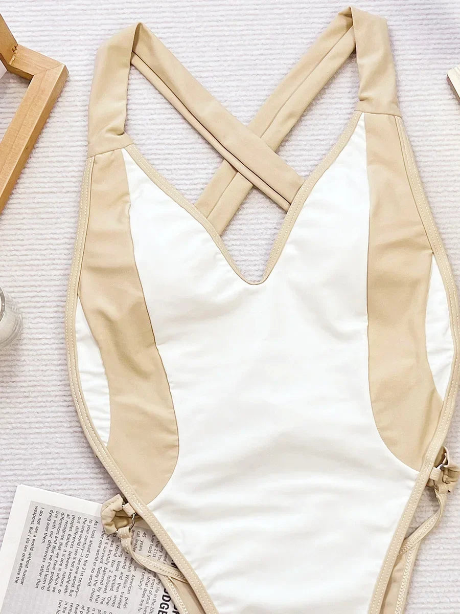 Splicing V Neck Cross Backless Women Thong Swimwear One Piece Swimsuit Female Monokini High Leg Cut Bathing Suit Swim Beach Wear