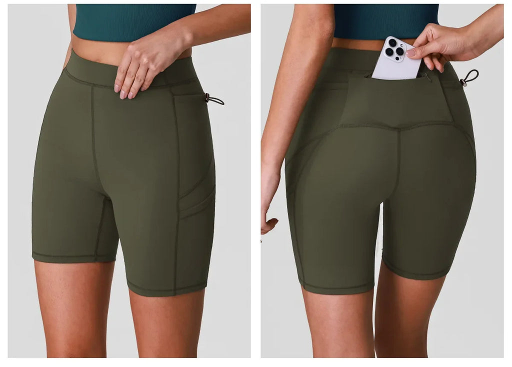 Naked High Waisted Yoga Shorts Women Quick Drying Side Pocket Cycling Pants Outdoor Abdominal and Hip Lifting Sports Shorts