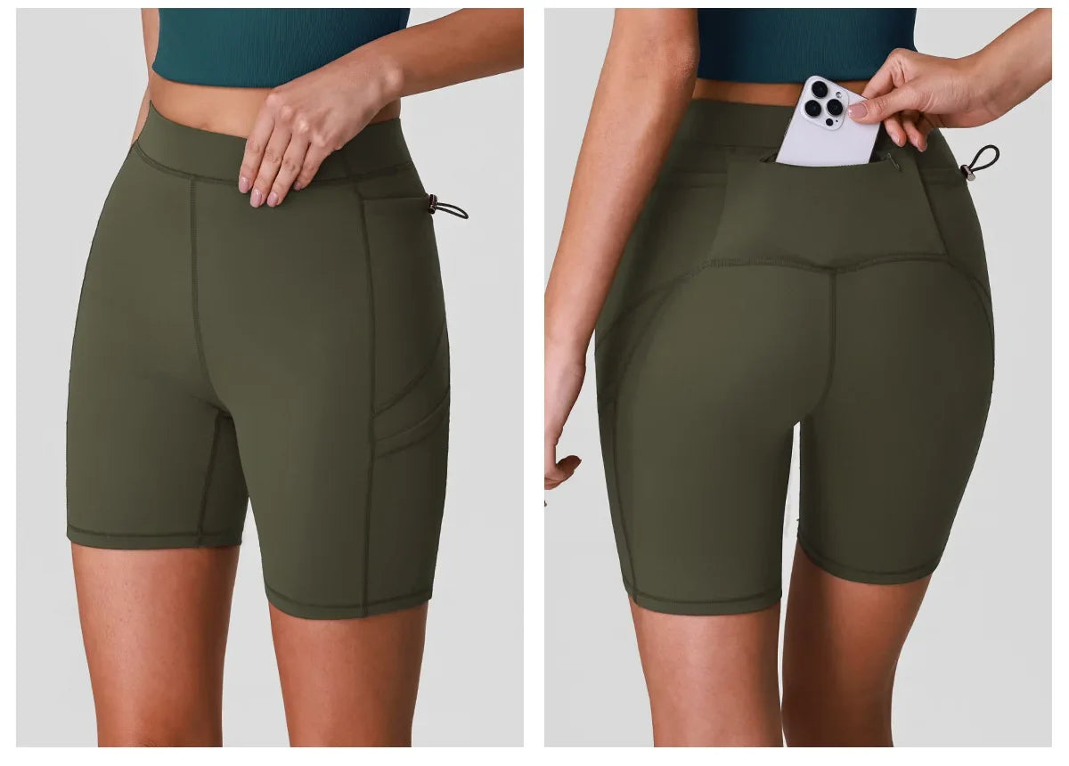 Naked High Waisted Yoga Shorts Women Quick Drying Side Pocket Cycling Pants Outdoor Abdominal and Hip Lifting Sports Shorts