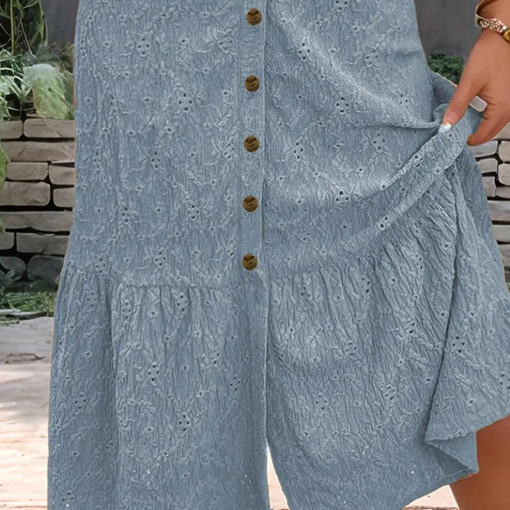 Women's Button Down Ruched Long Dress Summer Beach A-Line Swing Sundress Casual Short Sleeve V-Neck Maxi Dress