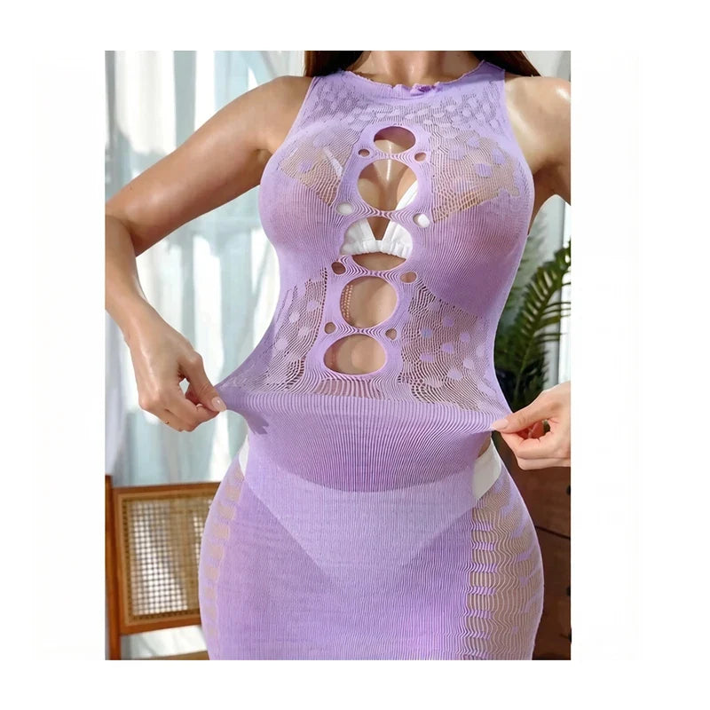 Fishnet Women Sexy Beach Cover Up Dress Women Stretch See Through Sleeveless without Bikini Swimsuit Coverup Mini Beachwea