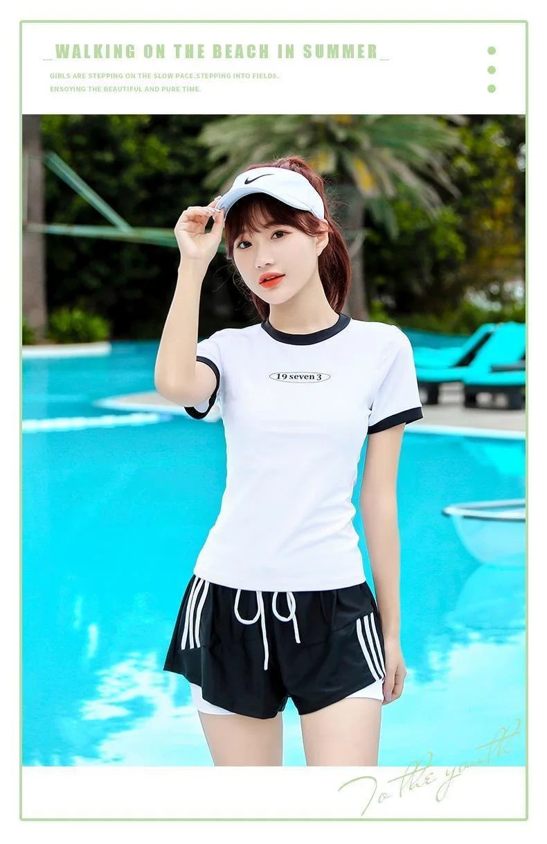 Split Swimsuit Women's Short Sleeved Conservative Cover Belly Slimming Professional Sports Sexy Hot Spring Two-piece Swimsuit