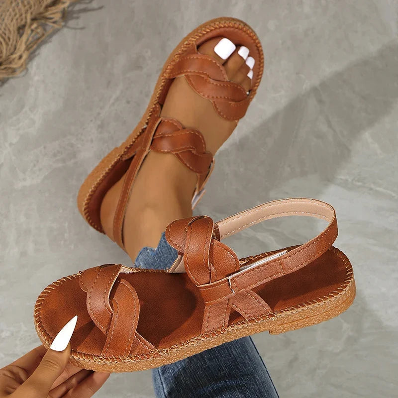 Summer Flats Rome Sandals for Women 2025 Woven Band Non Slip Beach Sandles Woman Plus Size 36-43 Back Strap Sandalias De Mujer