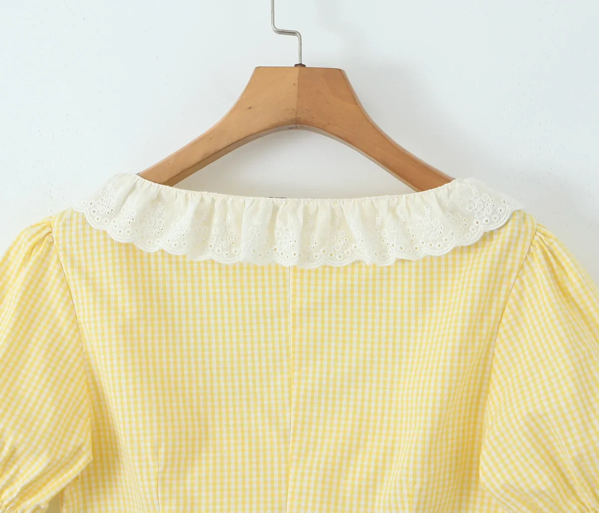 Foridol Gingham Printed Yellow Women Summer Dress Set Lace Top+skirt Sets Vintage French Style Midi Dress Oufits Plaid Vestidos