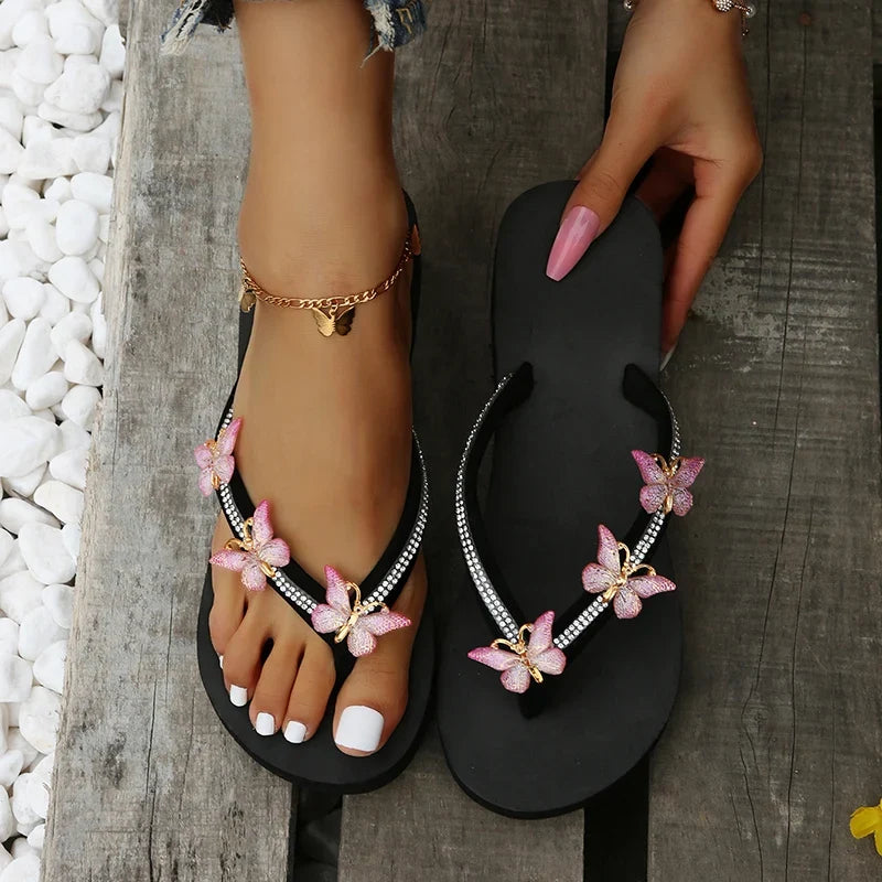Luxury Crystal Butterfly Wedge Heel Flip Flops Women Fashion Clip Toe Thick Bottom Slippers Woman Summer Beach Non Slip Slides