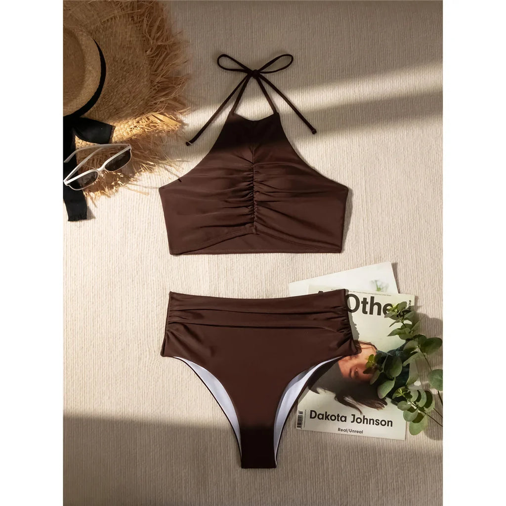 Halter Wrinkled High Neck Female Swimsuit High Waist Bikini Women Swimwear Two-pieces Bikini Set Bather Bathing Suit Swim V5616