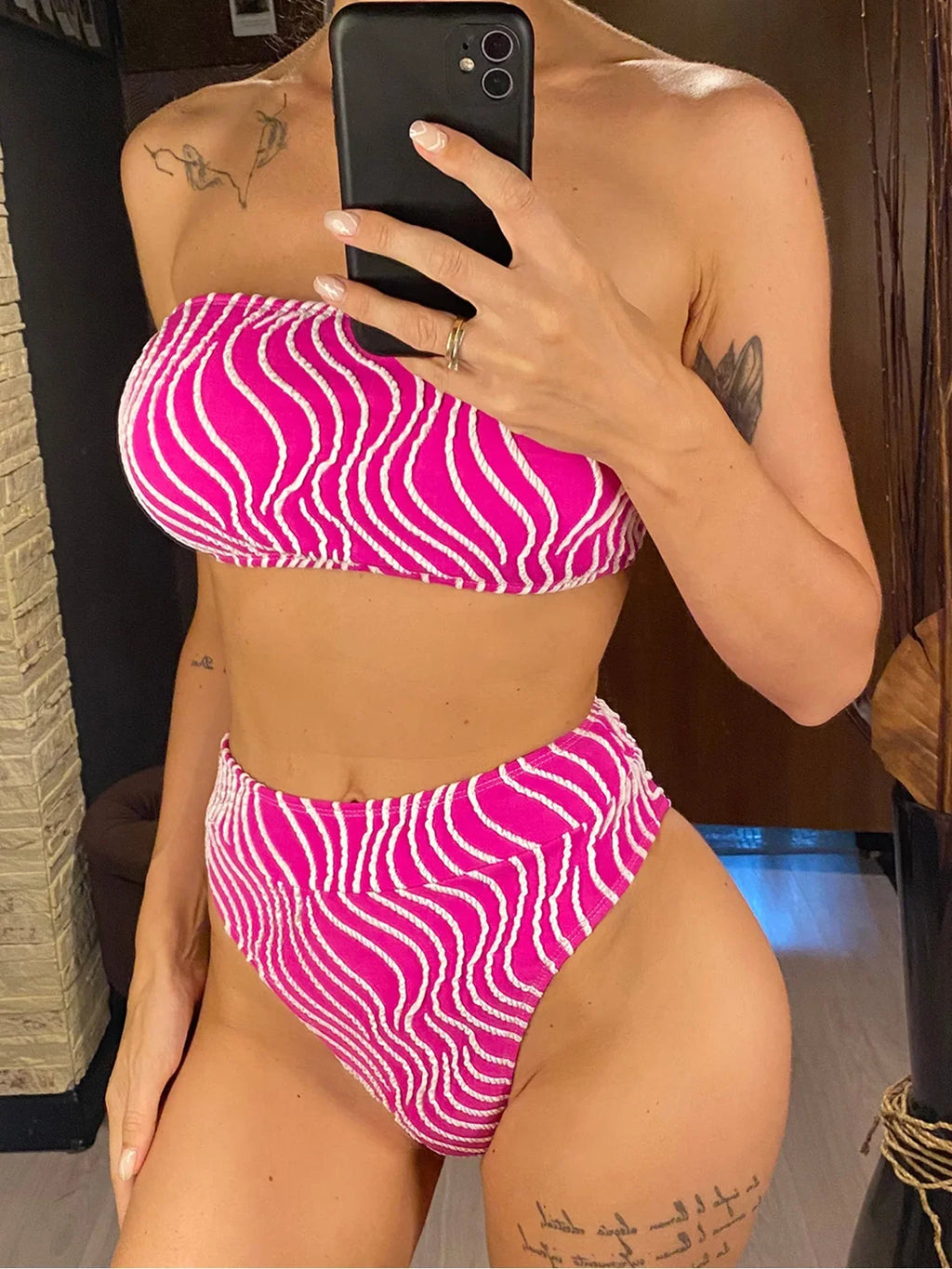 Sexy Wave Striped Bandeau High Waist Bikini Female Swimsuit Women Swimwear Two-Pieces Bikini Set Bather Bathing Suit Swim V5445