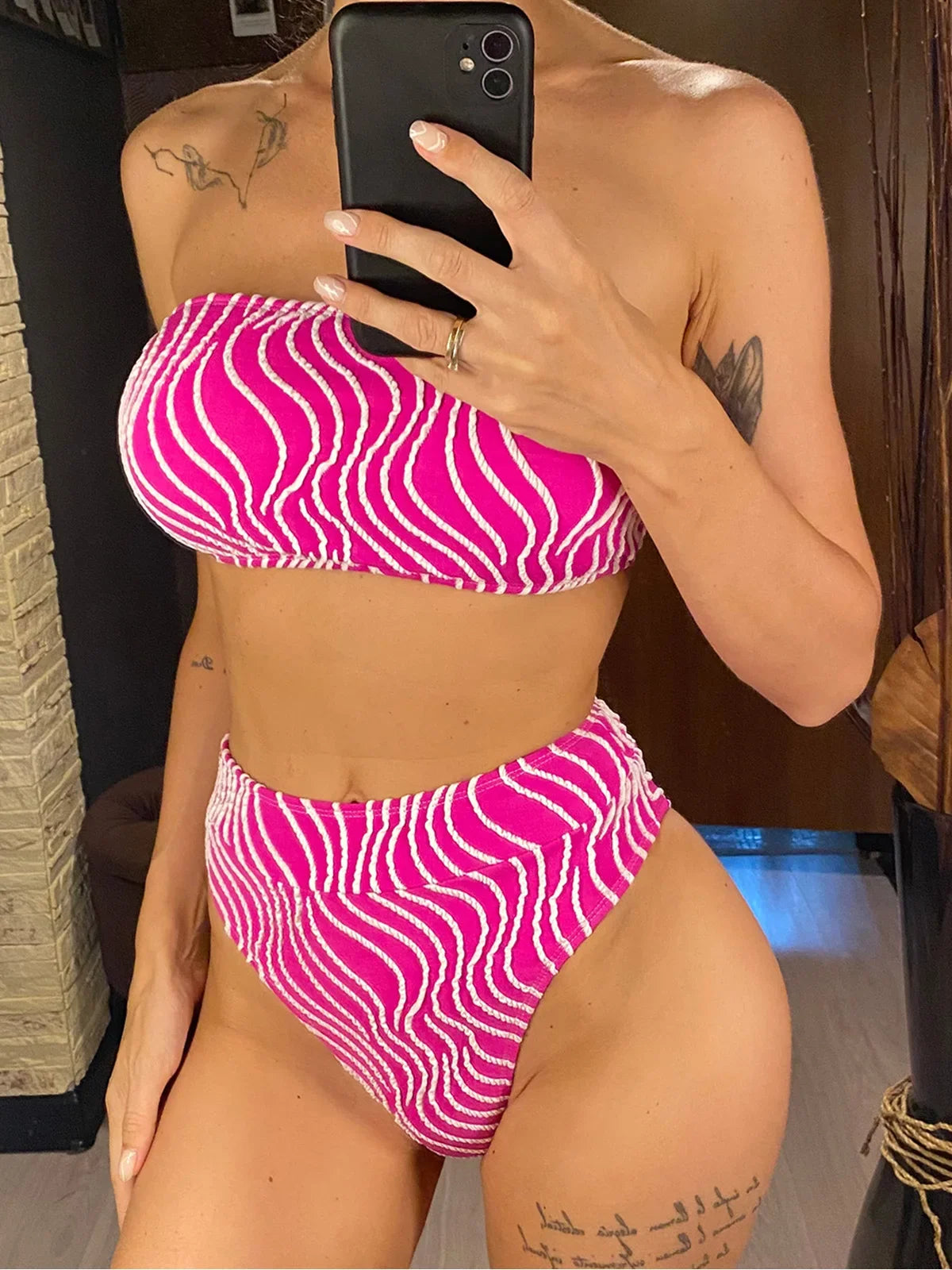 Sexy Wave Striped Bandeau High Waist Bikini Female Swimsuit Women Swimwear Two-Pieces Bikini Set Bather Bathing Suit Swim V5445