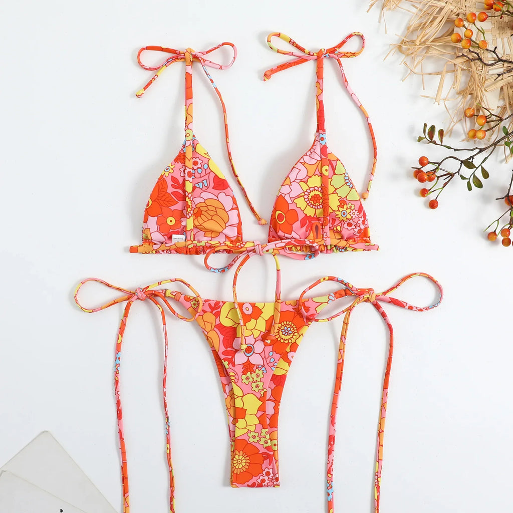 sexy floral print micro mini bikini halter string triangle swimwear thong swimsuit women biquini bikini set bathing suits