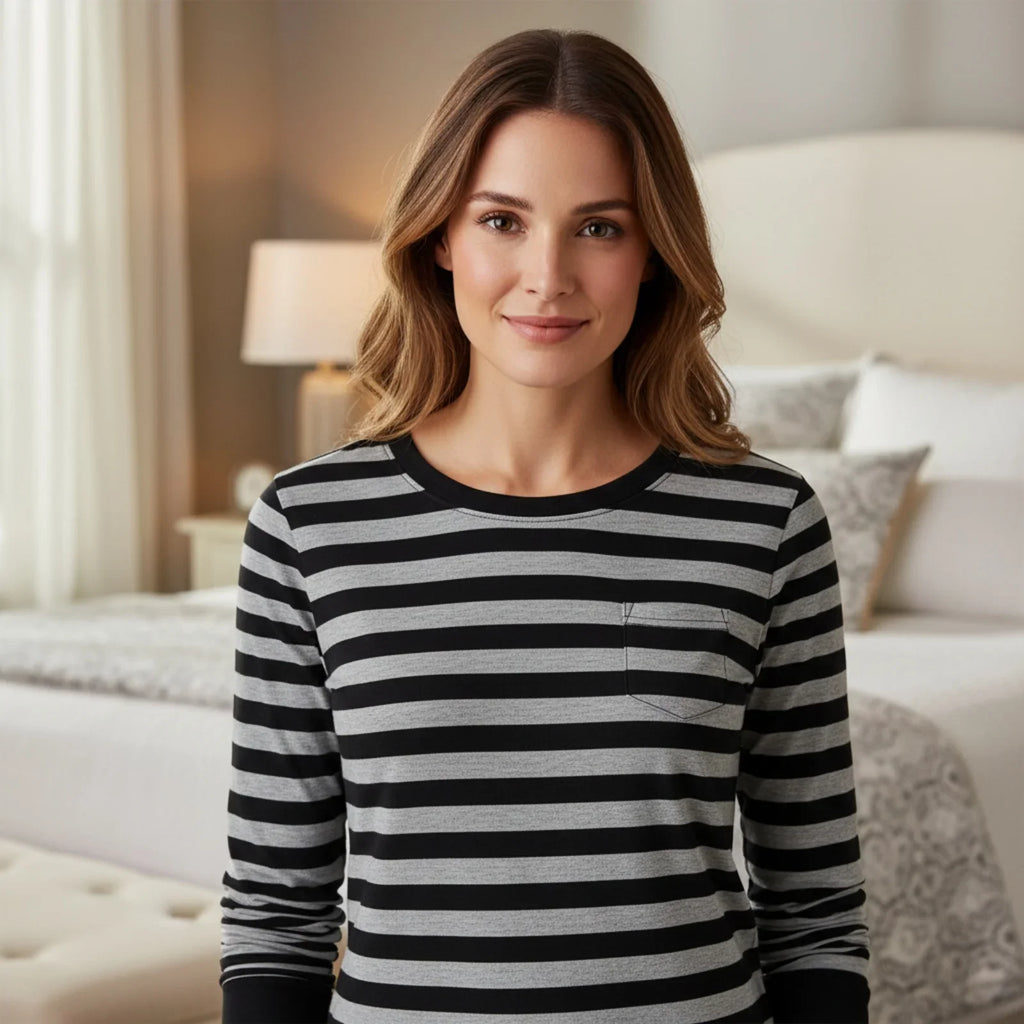 Women Striped Print Long Sleeve Tops Fitted Round Neck Fall T-shirts Casual Streetwear for Daily Office Party