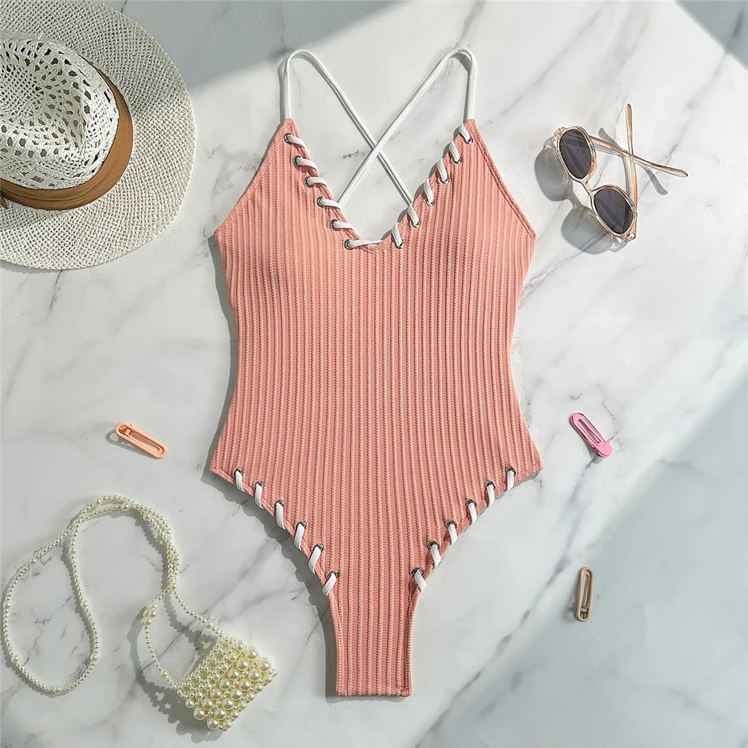 5 Colors V Neck Ribbed Cross Back One Piece Swimsuit Women Swimwear Female High Leg Cut Monokini  Bather Bathing Suit Swim V6278