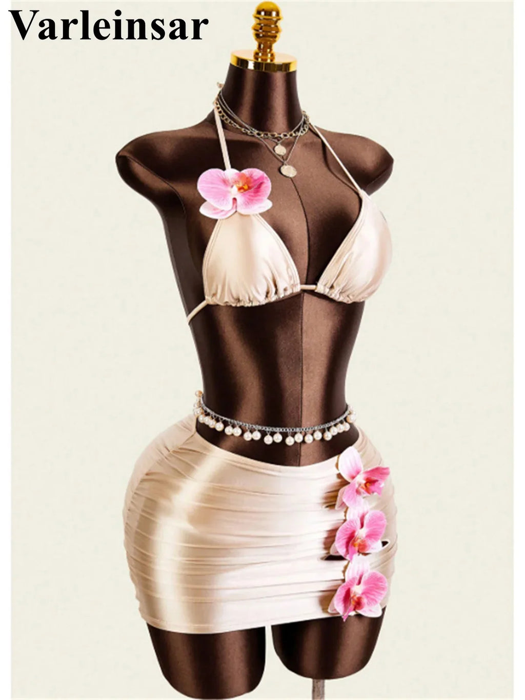 XS - L With Skirt 3D Flower Halter Bikini Women Swimwear Female Swimsuit Three-Pieces Bikini Set Bather Bathing Suit Swim V8065
