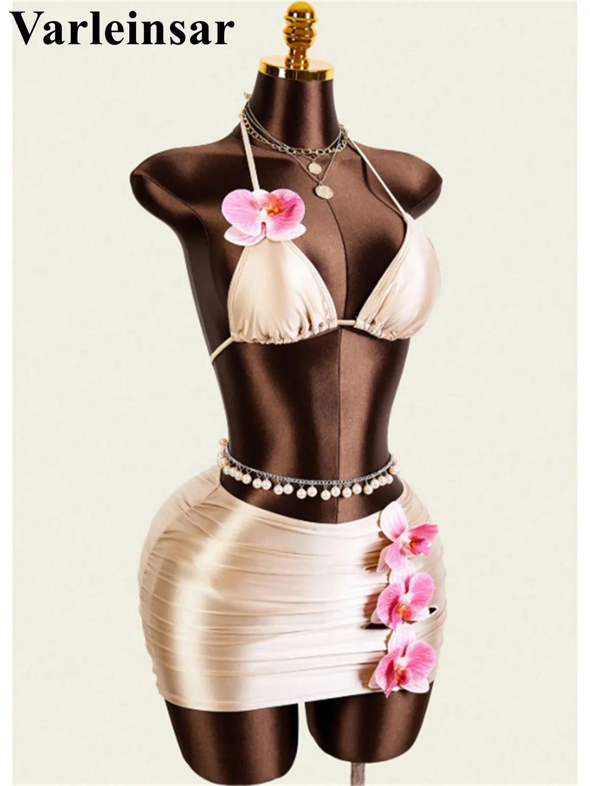 XS - L With Skirt 3D Flower Halter Bikini Women Swimwear Female Swimsuit Three-Pieces Bikini Set Bather Bathing Suit Swim V8065