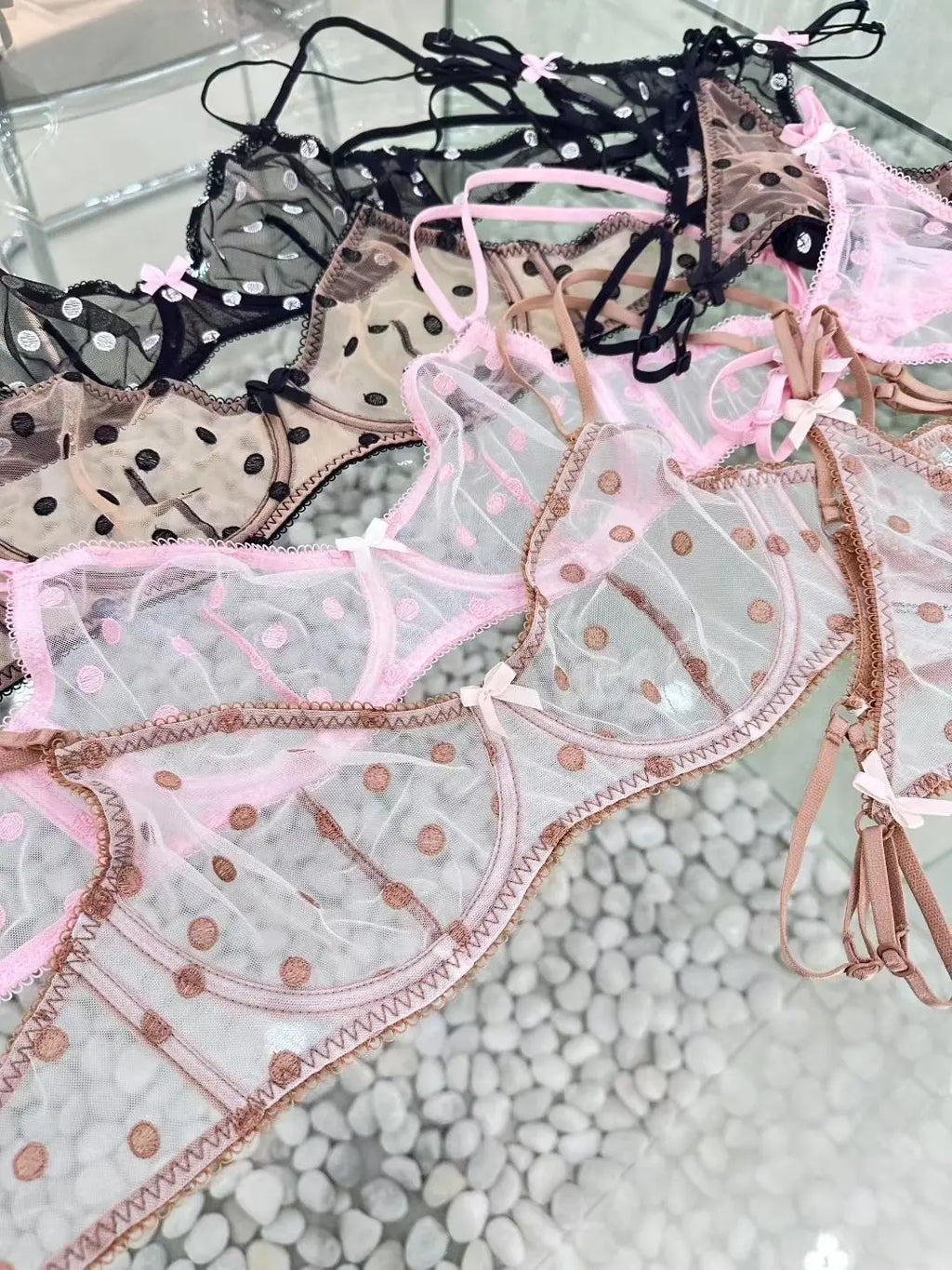 Elegant French Lingerie Set Sexy Lace Dotted Mesh Bra, Ultra Thin Large Bust Minimizer Push Up Anti Sagging Comfort MOYISU 32-38