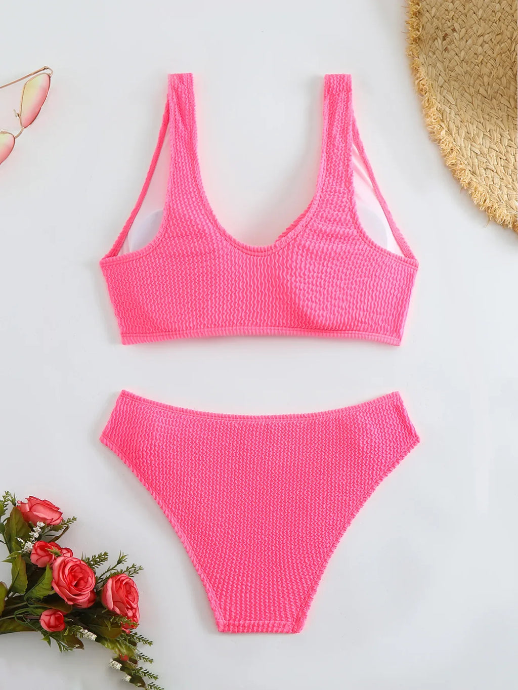 2026 Summer New Women's 2 Piece Swimsuit Solid Color High Waist Bikini Set V-neck Backless Beach Vacation Bathing Suit Swimwear