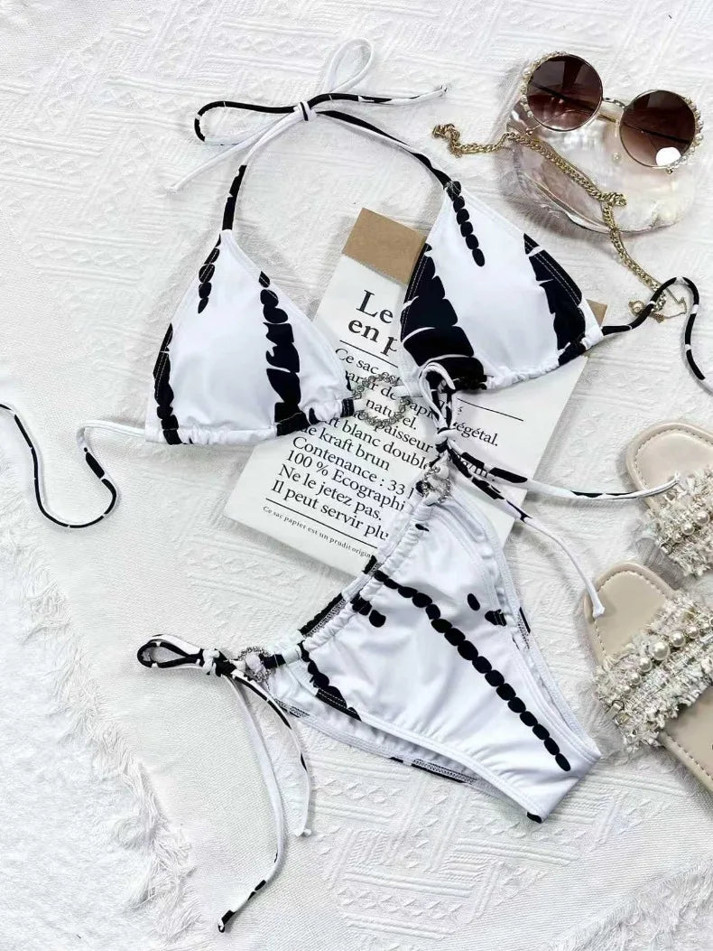 New Bikini Sexy Swimwear Swimsuit Women Rhinestones Rings Triangle Halter Backless Knotted Bikinis Set Bathing Suit Beach Bikini